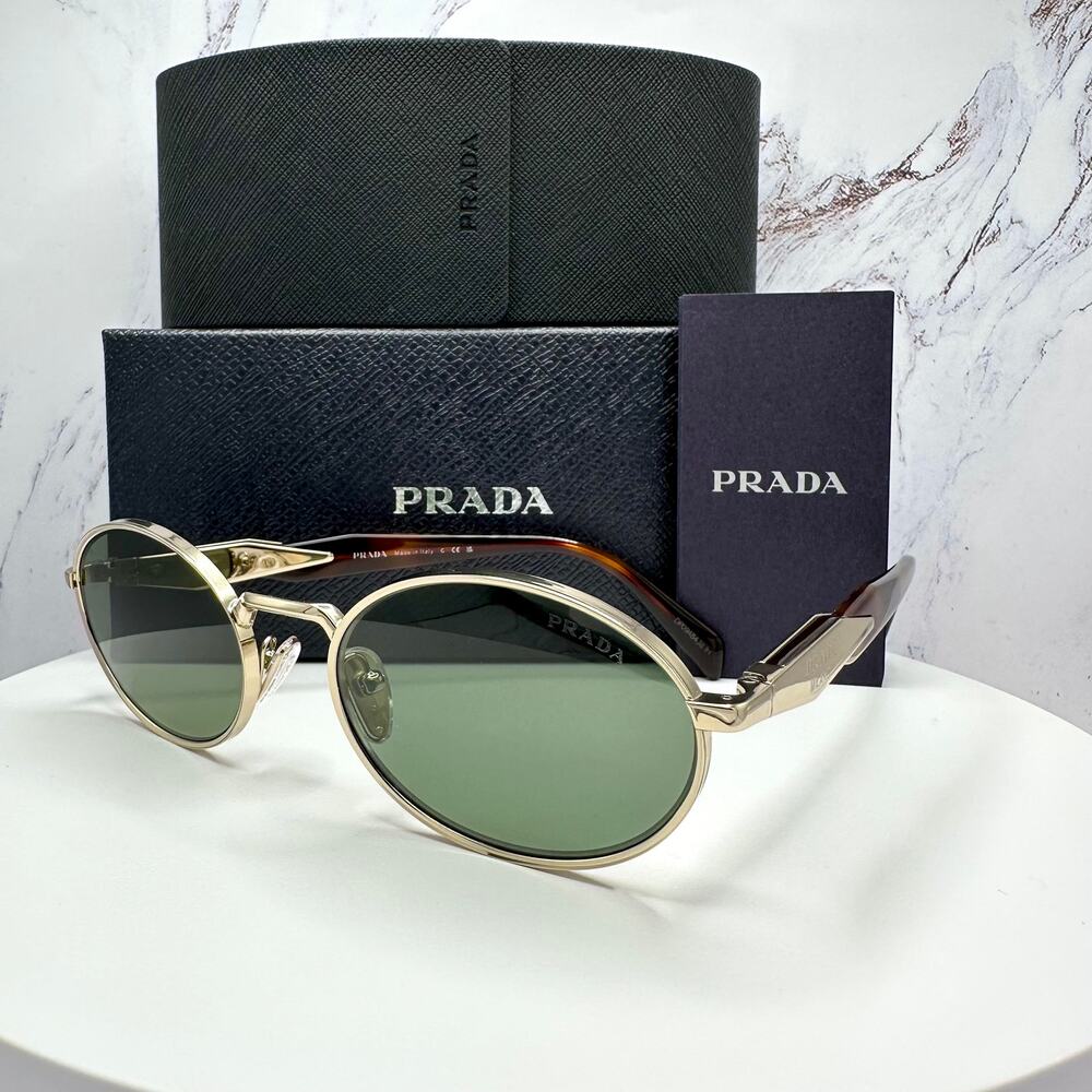 Prada Gold Frame Green Lens Brown Tortoise Temple Sunglasses - Picture 3 of 16